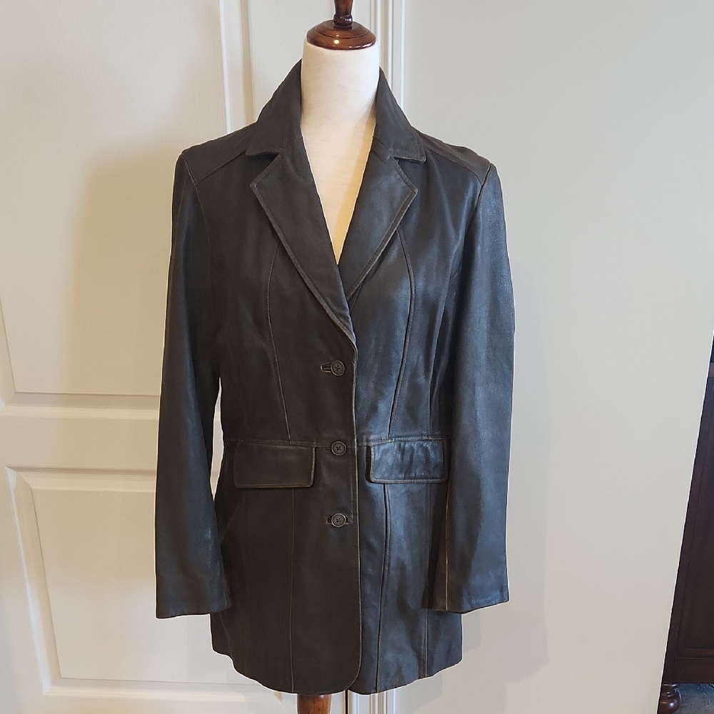 NWOT Isabella Bird Long Distressed Leather Jacket Dark Brown Medium